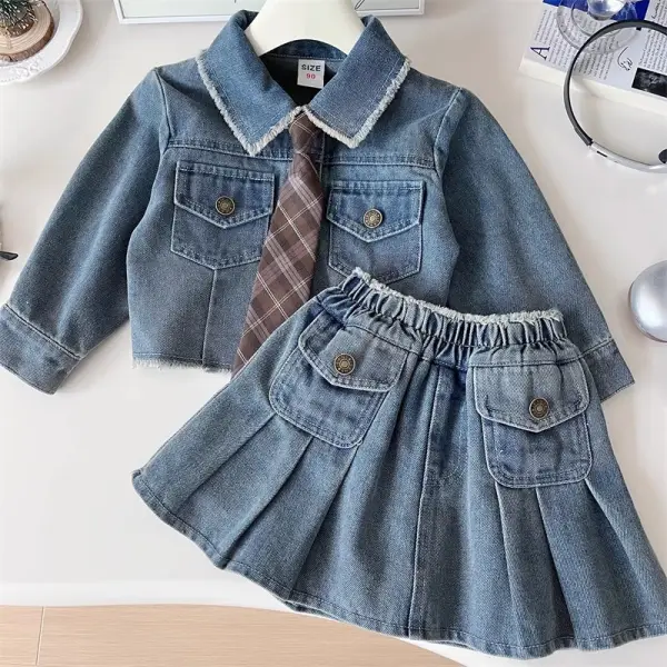 【18M-8Y】2-piece Girls Denim Jacket And Skirt Set (Free Tie) - Popopieshop.com 