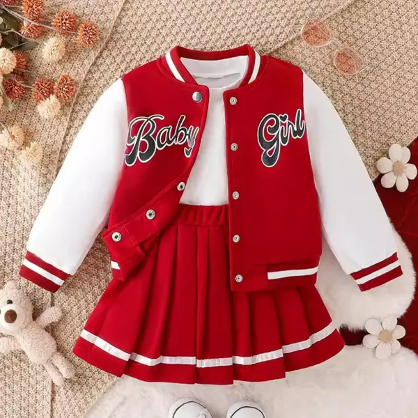 【1Y-8Y】2-piece Girls Letter Print Baseball Jacket And Skirt Set (T-shirt Not Included) - Popopieshop.com 