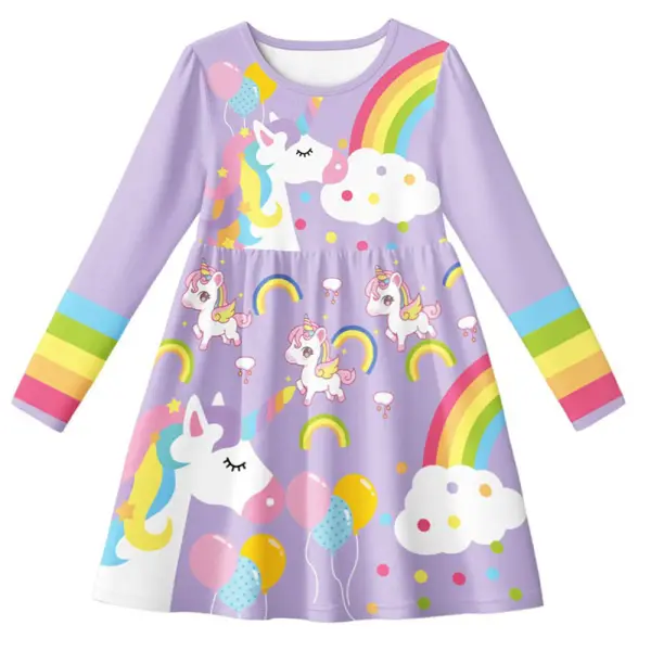【3Y-10Y】Girls Unicorn Print Long Sleeve Dress - Popopieshop.com 
