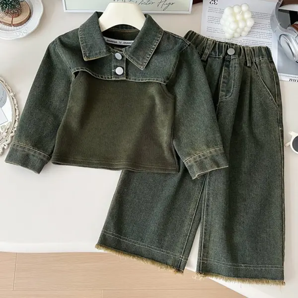 【18M-8Y】3-piece Girls Green Vest And Denim Top And Wide Leg Pants Set - Popopieshop.com 