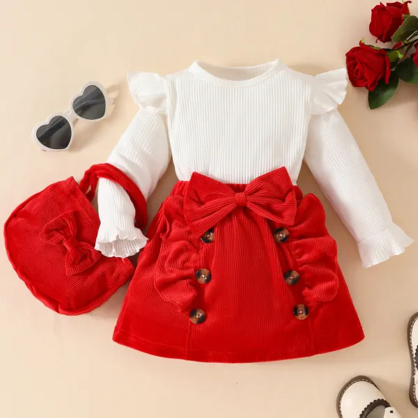 【6M-3Y】3-piece Baby Girl Cute And Fashionable White T-shirt And Bow Design Red Corduroy Skirt Set With Bag - Popopieshop.com 