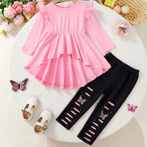 【6M-3Y】2-piece Baby Girls Cute Pink T-shirt And Butterfly Print Black Leggings Set - Popopieshop.com 