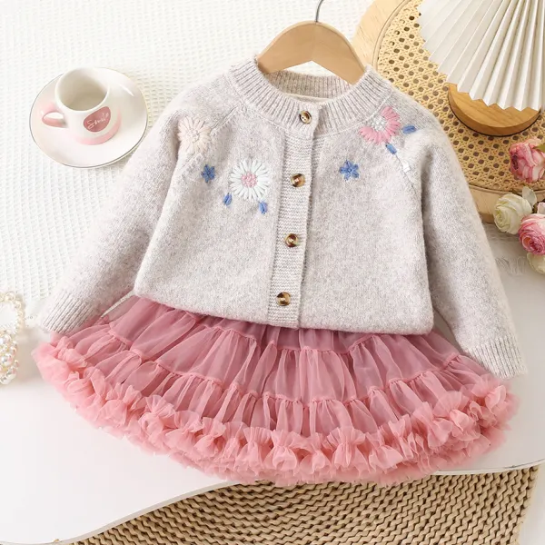 【18M-6Y】Girls Cute Vintage Floral Embroidered Classic Sweater Cardigan And Pink Tutu Skirt - Popopieshop.com 