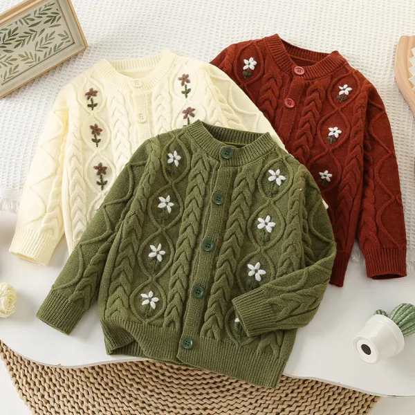 【18M-6Y】Girls Cute Vintage Floral Embroidered Classic Sweater Cardigan - Popopieshop.com 