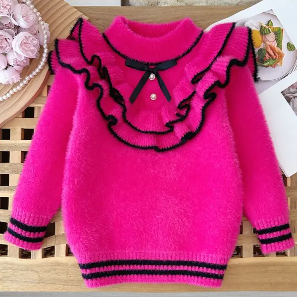 【18M-12Y】Girls Sweet Ruffled Bowknot Multicolor Keep Warm Round Neck Sweater - Popopieshop.com 
