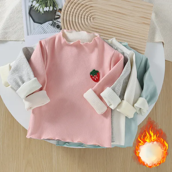 【12M-5Y】Girls Casual Strawberry Embroidery Plush Long Sleeve T-shirt - Popopieshop.com 