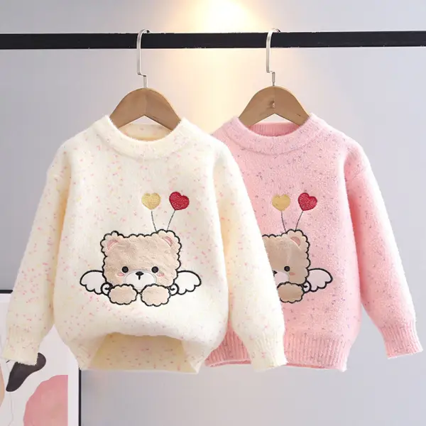 【3Y-10Y】Girls Bear Embroidered Round Neck Long Sleeve Sweater - Popopieshop.com 