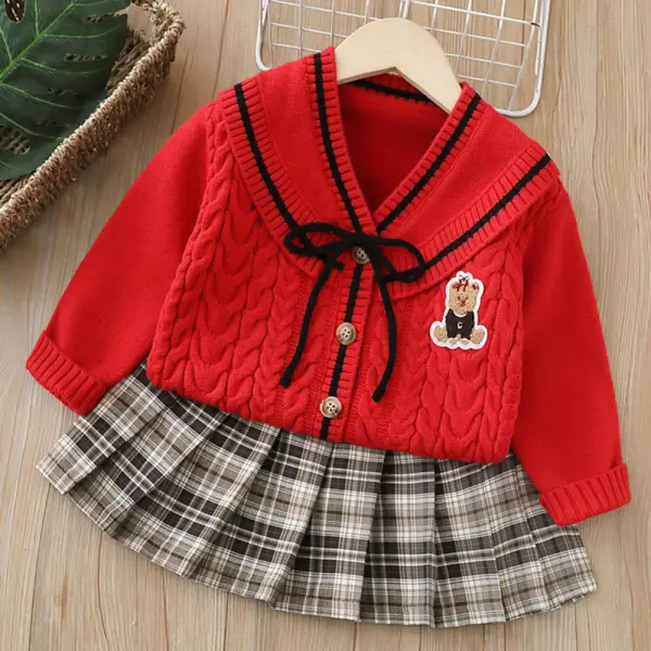 【18M-6Y】2-piece Girls Bear Embroidered Long Sleeve Sweater Cardigan And Plaid Skirt Set - Popopieshop.com 