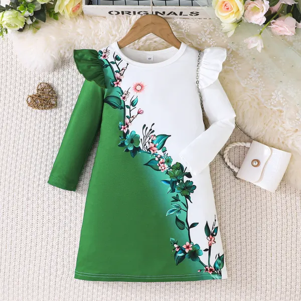 【3Y-7Y】Girls Sweet And Stylish Floral Print Long Sleeve Dress - Popopieshop.com 