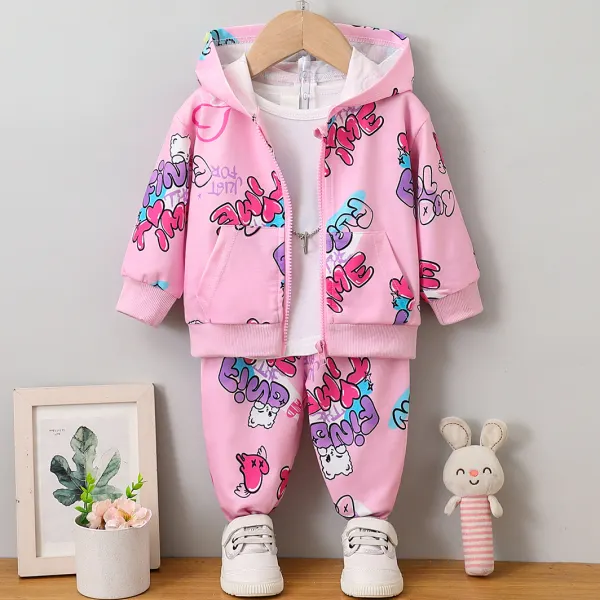 【6M-3Y】2-piece Baby Girl Cute Cartoon And Letter Print Pink Hooded Sweatshirt And Sweatpants Set - Popopieshop.com 