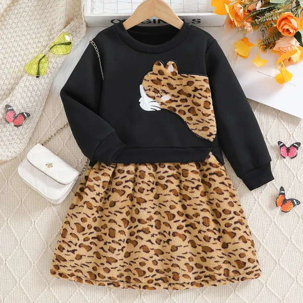 【3Y-7Y】Girls Fashion Leopard Embroidery Fake Two Piece Leopard Print Sweatshirt Dress - Popopieshop.com 