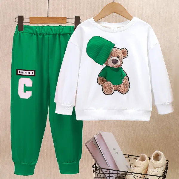 【3Y-7Y】2-piece Kids Casual Cartoon Bear Print Sweatshirt And Sweatpants Set - Popopieshop.com 