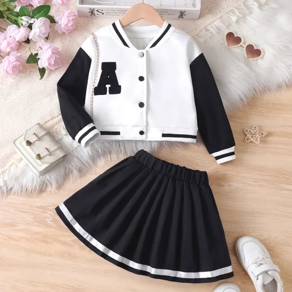 【3Y-8Y】2-piece Girls Casual Lettering Embroidery Colorblock Baseball Jacket And Pleated Skirt Set - Popopieshop.com 