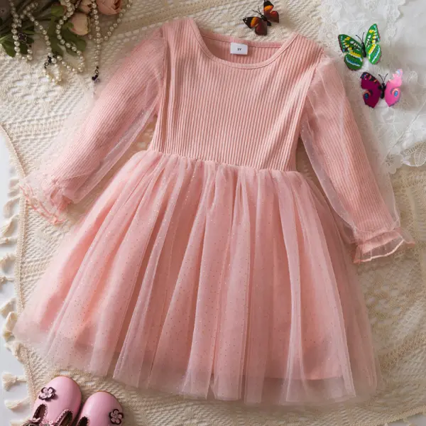 【2Y-7Y】Girls Sweet Splicing Polka Dot Mesh Layered Tulle Dress - Popopieshop.com 