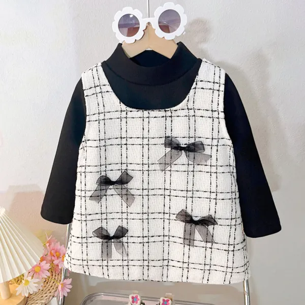 【18M-6Y】2-piece Girls Elegant Black High Neck Long Sleeve T-shirt And Plaid Bowknot Sleeveless Princess Dress Set - Popopieshop.com 