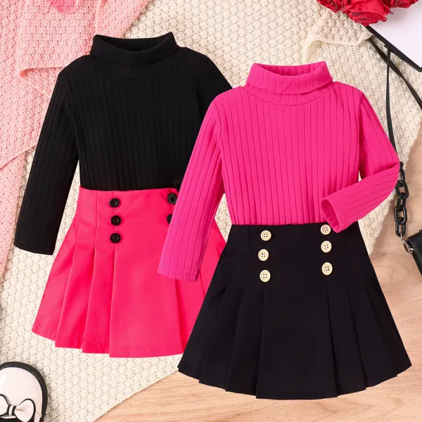 【12M-5Y】2-piece Girls Sweet Solid Color High Neck Long Sleeve T-shirt And Pleated Skirt Set - Popopieshop.com 