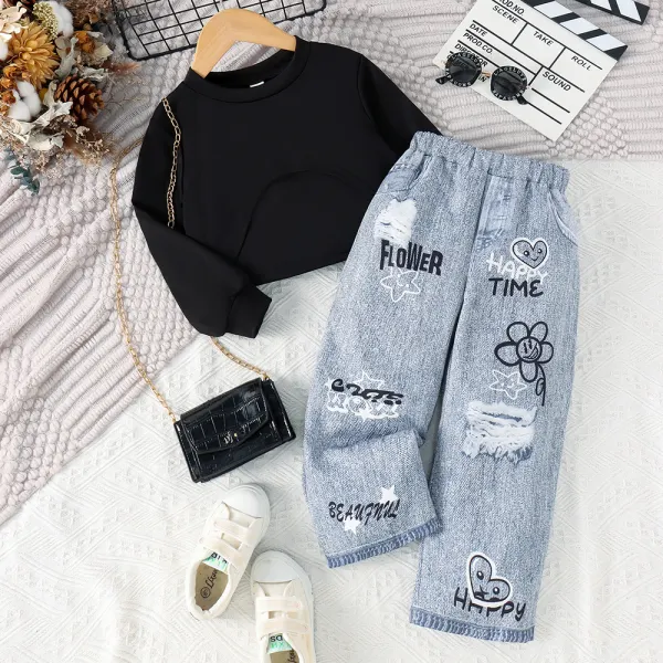 【2Y-7Y】3-piece Girls Fashion Black Suspender Tank Top Long Sleeve T-shirt And Cartoon Printe Jeans Set - Popopieshop.com 