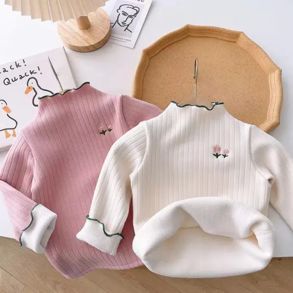 【2Y-8Y】Girls Casual Plus Velvet Keep Warm Floral Embroidery Long Sleeve T-shirt - Popopieshop.com 