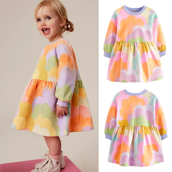 【18M-8Y】Girls Sweet Rainbow Flower Print Round Neck Dress - Popopie.com 