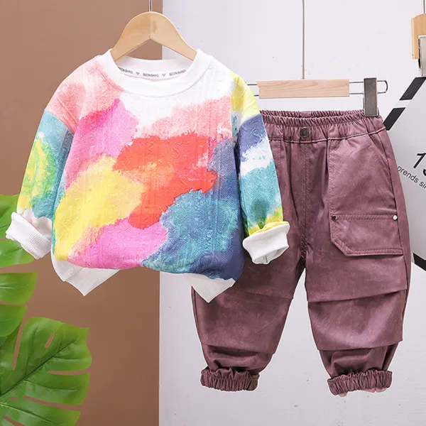 【18M-6Y】2-piece Boy Casual Tie-Dye Print Round Neck Sweatshirt And Pleated Overalls Set - Popopieshop.com 