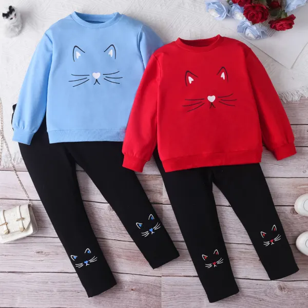 【3Y-8Y】4-piece Girls Cute Cotton Cat Print Crew Neck Sweatshirt And Leggings Set - Popopieshop.com 