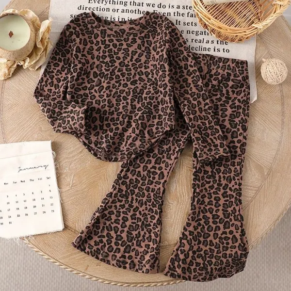 【18M-8Y】2-piece Girls Sweet Leopard Print Long Sleeve T-shirt And Flared Pants Set - Popopieshop.com 