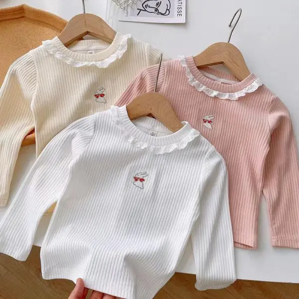【2Y-8Y】Girls Cute Cotton Rabbit Embroidery Long Sleeve T-shirt - Popopieshop.com 