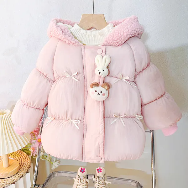 【12M-5Y】Girls Cute Solid Color Bowknot Quilted Cotton Keep Warm Hooded Cotton Coat - Popopieshop.com 
