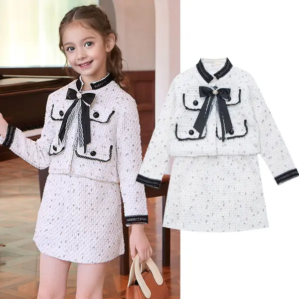 【4Y-12Y】2-piece Girls White Tweed Bow Coat And Skirt Set - Popopieshop.com 