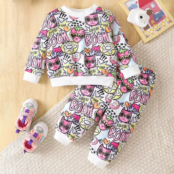 【9M-3Y】2-piece Baby Girl White Cartoon Print Long Sleeve Sweatshirt And Pants Set - Popopieshop.com 