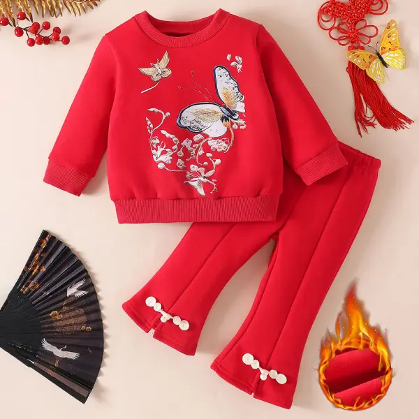 【9M-3Y】2-piece Baby Girl Red Thick Fleece Butterfly Print Long Sleeve Sweatshirt And Pants Set - Popopieshop.com 