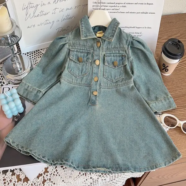 【18M-8Y】Girls Denim Long Sleeve Dress - Popopieshop.com 