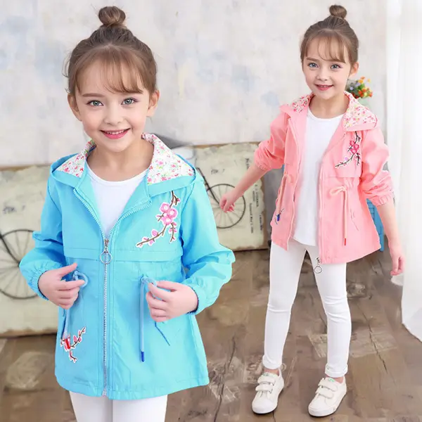 【3Y-12Y】Girls Floral Embroidery Long Sleeve Hooded Jacket - Popopieshop.com 