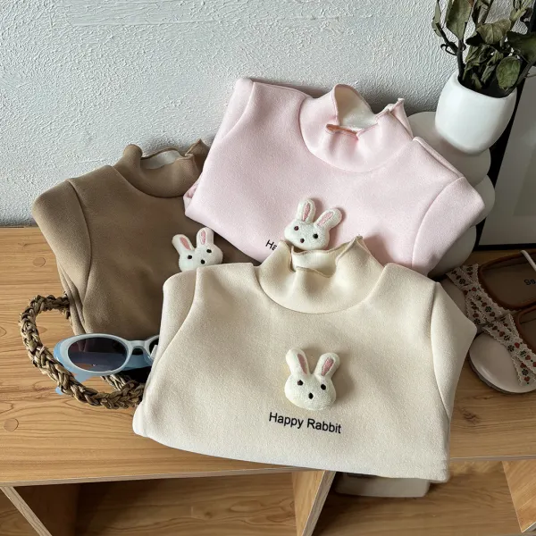 【12M-10Y】Girls Cute Letter Print And Bunny Design Fleece Long Sleeve T-shirt - Popopieshop.com 