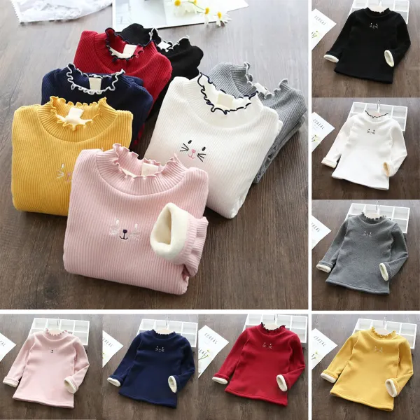 【18M-6Y】Girls Cute Cartoon Embroidery Padded Fleece T-shirt - Popopieshop.com 