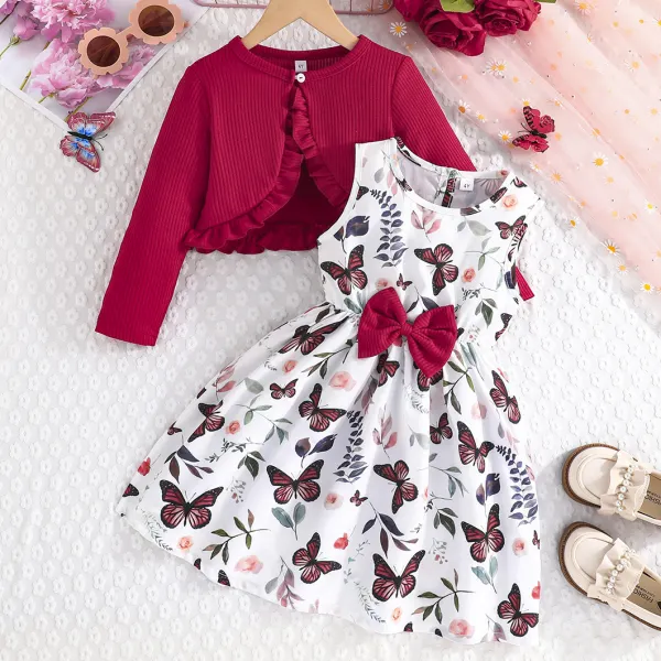 【2Y-8Y】2-piece Girls Sweet Butterfly Print Sleeveless Dress And Burgundy Cardigan Set - Popopieshop.com 
