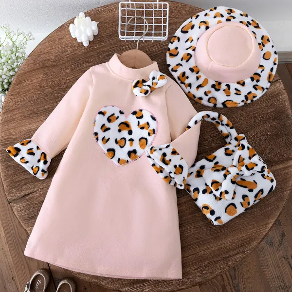 【2Y-7Y】3-piece Girls Stylish Leopard Heart Sex Grabbers Embroidered Pink Dress And Hat And Bag Set - Popopieshop.com 