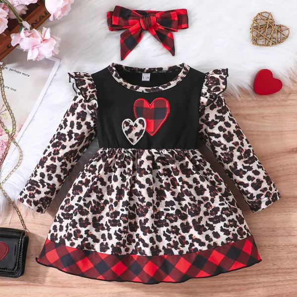 【6M-3Y】Baby Girl Cute Heart Shape Embroidered Leopard Dress With Hairband - Popopieshop.com 