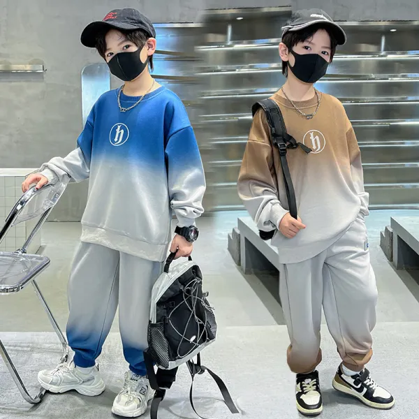 【4Y-15Y】2-piece Boys Casual Letter Print Gradient Sweatshirt And Sweatpants Set - Popopieshop.com 