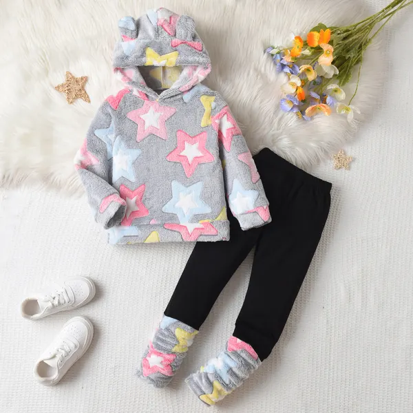【3Y-8Y】2-piece Girls Casual Flannel Keep Warm Star Print Hooded Sweatshirt And Leggings Set - Popopieshop.com 