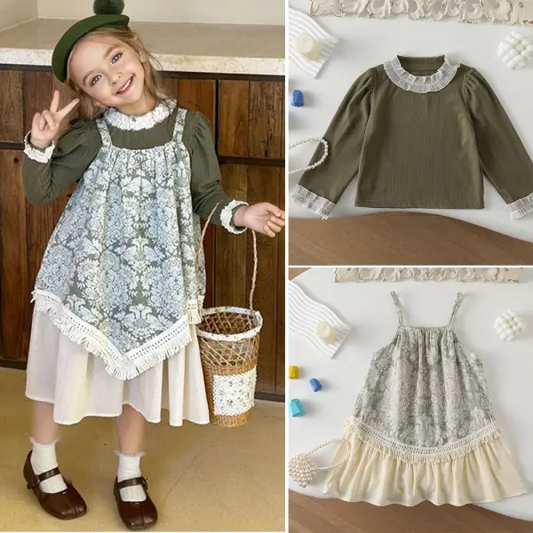 【18M-8Y】2-piece Girls Green Long Sleeve T-shirt And Floral Dress Set - Popopieshop.com 