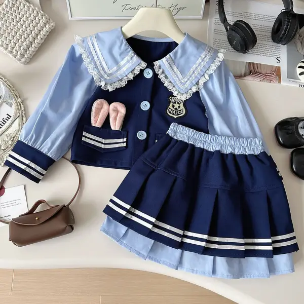 【18M-8Y】2-piece Girls Blue Bunny Embroidered Long Sleeve Shirt And Skirt Set - Popopieshop.com 
