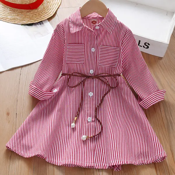 【18M-8Y】Girls Red Striped Long Sleeve Dress With Belt - Popopieshop.com 