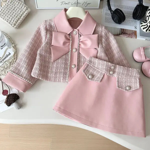 【18M-8Y】2-piece Girls Pink Pearl Bow Jacket And PU Leather Skirt Set - Popopieshop.com 