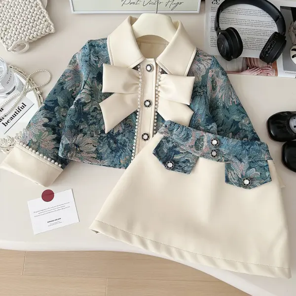 【18M-8Y】2-piece Girls Pearl Bow Jacket And PU Leather Skirt Set - Popopieshop.com 