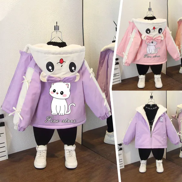 【18M-8Y】Girls Cute Cat Print Bow Padded Fleece Hooded Jacket - Popopieshop.com 