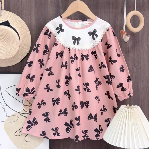 【18M-7Y】Girls Cute Black Bow Print Pink Long Sleeve Dress - Popopieshop.com 