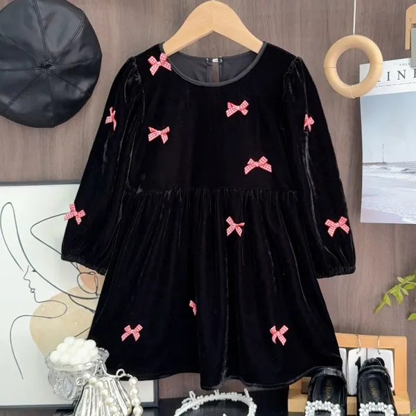 【2Y-7Y】Girls Cute Pink Bow Design Black Silk Velvet Dress - Popopieshop.com 