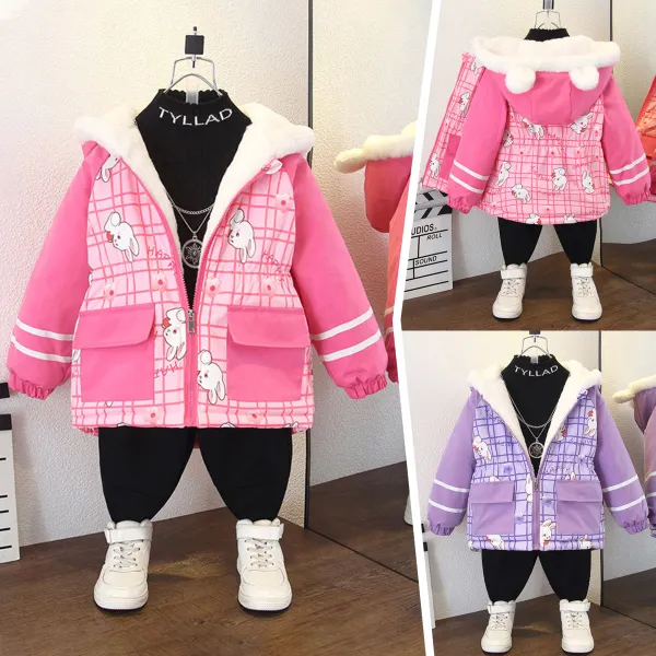 【18M-8Y】Girls Cute Bunny Print Padded Fleece Hooded Jacket - Popopieshop.com 