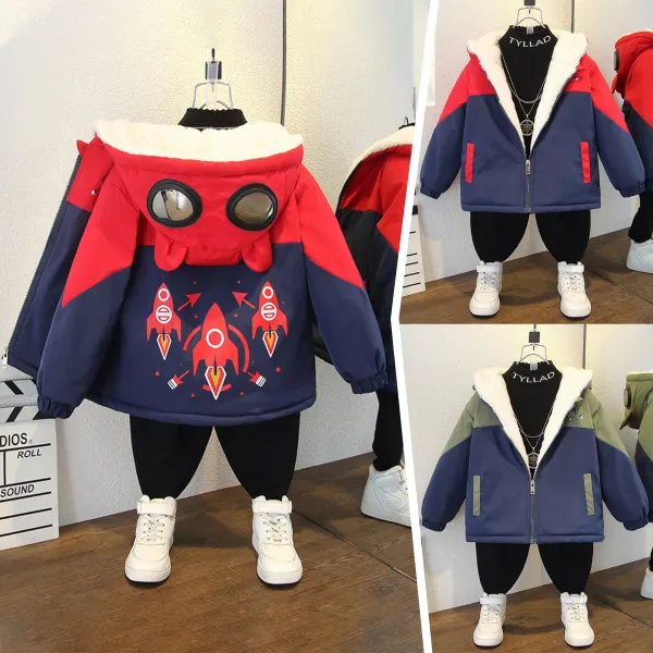 【18M-8Y】Boys Casual Rocket Print Padded Fleece Hooded Jacket - Popopieshop.com 